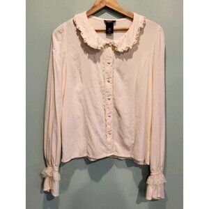 Ivory Peter Pan Collar Ruffle Cottage Prarie Button Up Long Sleeve Shirt Sz XL